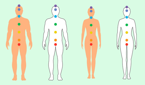 Silhouettes of men and women with seven colored sacred points. Vector illustration.