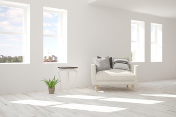 Stylish room in white color with armchair. Scandinavian interior design. 3D illustration