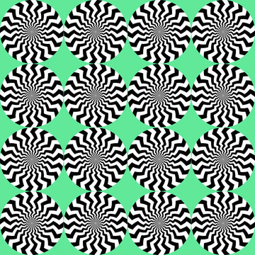 Optical illusion, moving effect of rotation. Seamless pattern with spin twiling circles. Op art background.