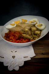 roasted red peppers, sweet onions, aubergines and boiled eggs on wooden background