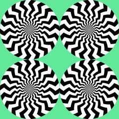 Optical illusion, moving effect of rotation. Seamless pattern with spin twiling circles. Op art background.