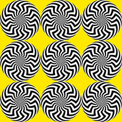 Optical illusion, moving effect of rotation. Seamless pattern with spin twiling circles. Op art background.