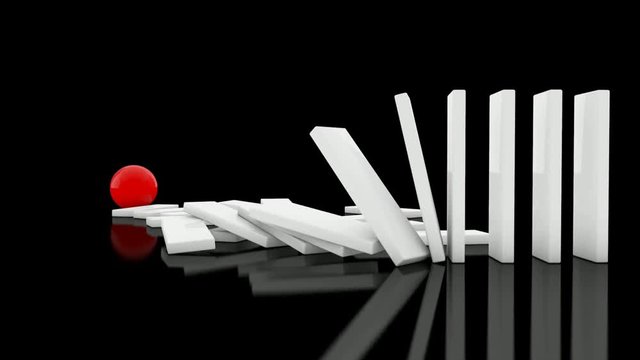 3D animation of Domino effect. The red ball pushes the tiles and those fall pushing each other