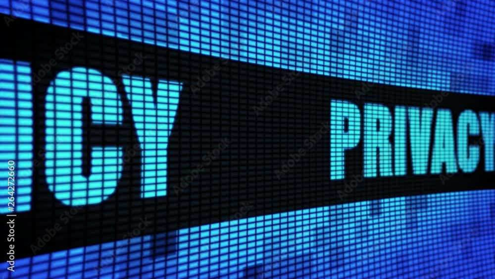 Poster privacy policy side text scrolling on light blue digital led display board pixel light screen looped