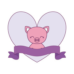 Obraz na płótnie Canvas cute piggy animal with ribbon in frame heart shape