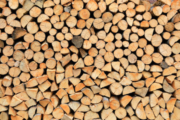 Firewood pile stacked chopped wood trunks