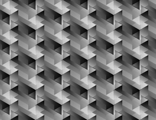 Isometric seamless pattern, volume realistic texture, black white gradient background. 3d geometric tiles with cubes. Abstract uncolored backdrop for web, wallpaper, fabric, wrapping, paper, print.