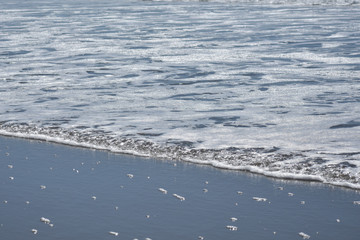 Natural pattern of water and foam from an ocean wave rolling onto a sandy beach.