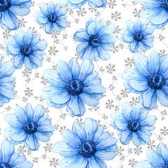 Watercolor colorful pattern with blue anemone flowers on white background. Hand drawing Illustration