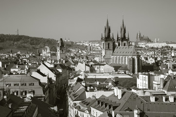Prague - The view overt the City with the Church of Our Lady before Týn and Castle with the Cathedral in the background.