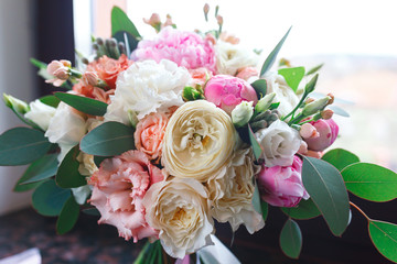 Beautiful wedding elegant bouquet . Bride's flowers indoor
