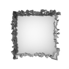 Dark destruction cracked hole in white stone wall