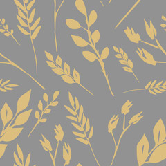 Vector seamless pattern of different yellow sprigs on gray background