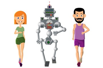 Young man, woman play sports with a robot.