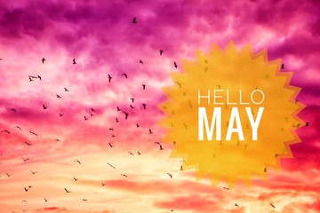 banner hello may. hello may text on sky background. text against the sky - obrazy, fototapety, plakaty
