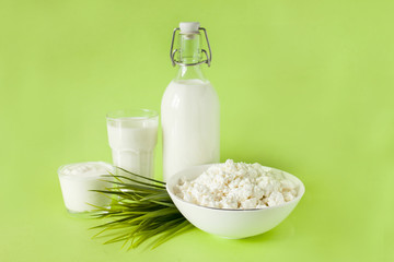 milk in a bottle sour cream cottage cheese and a glass of milk on a green background with grass in the center of the frame