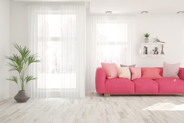 Fototapeta premium Stylish room in white color with sofa. Scandinavian interior design. 3D illustration