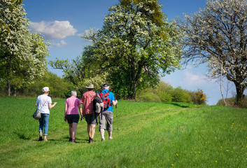 Saarland Landschaft Senioren wandern im Frühling bei Gisingen