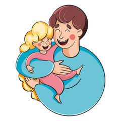 Father and daughter. A man holding a little girl. White background.