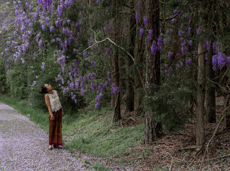 Asian woman in sarong walking on sidewalk covered with wisteria petals