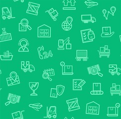 Cargo delivery, seamless pattern, green, color, contour lines, icons, vector. Cargo transportation and delivery of goods. Bright linear icons on green background. Vector flat seamless pattern. 