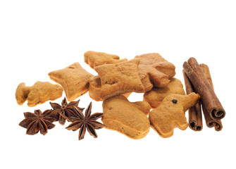 homemade biscuits,  star anise and sticks cinnamon, isolated on white background