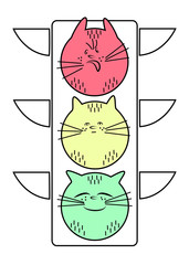 Traffic light with a cat. Red is an evil animal. Yellow - calm pet. Green - a joyful cat. Symbolic allegory. Vector illustration