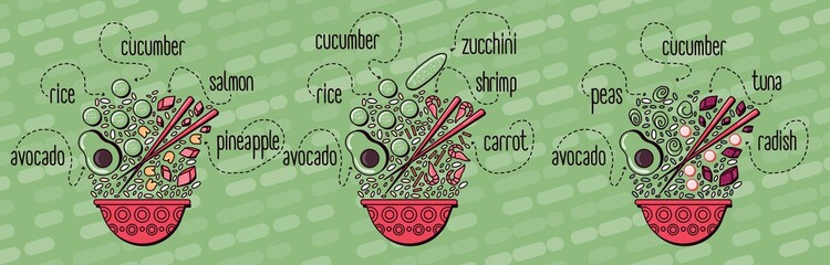 Vector menu of fish and seafood poke bowl on wooden background. Illustrations of a lunch of Hawaiian cuisine with lettering. Salmon, tuna, shrimp, cucumber, radish, avocado, soy sauce.