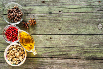 spices on wooden table, selective focus