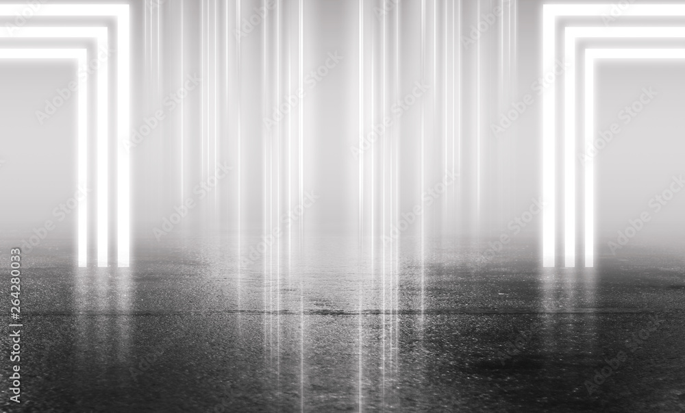 Aufkleber Empty background scene. Empty street background with concrete floor, neon lights and smoke. Gray abstract empty background