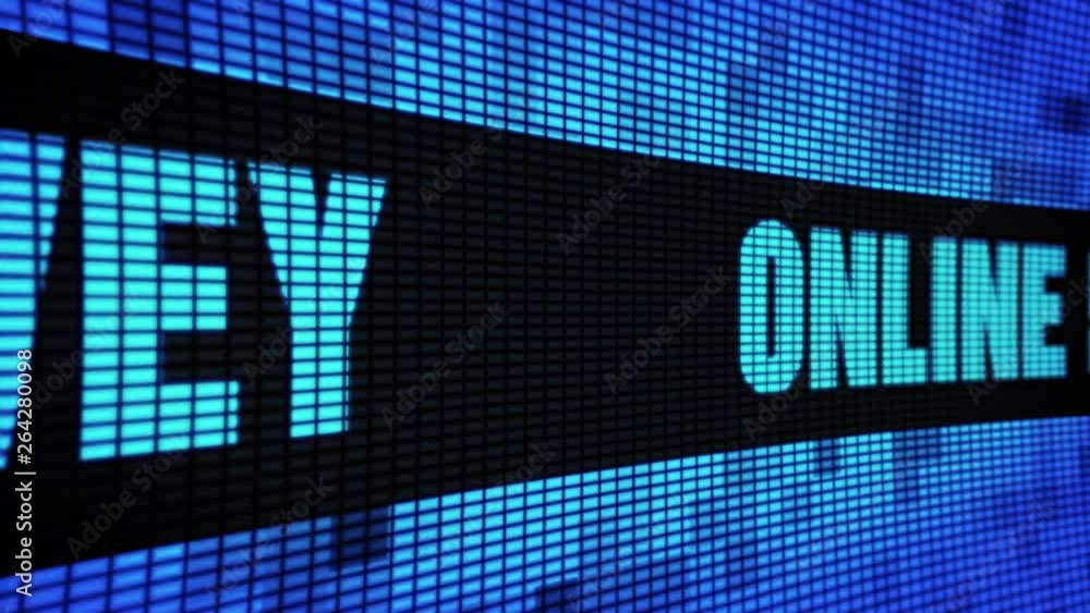 Poster online survey side text scrolling on light blue digital led display board pixel light screen looped 