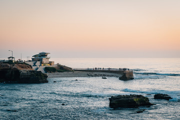 Seawall and the Children's Pool at sunset, in La Jolla, San Diego, California