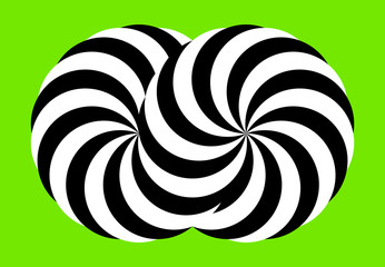 Infinity symbol of interlaced circles. Impossible shape on color background. Optical illusion with striped lines. Black white stripes of circle.