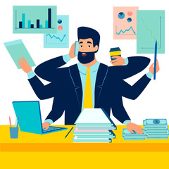 A man businessman has time to do everything. A man with a lot of hands. In minimalist style. Cartoon flat Vector © toricheks