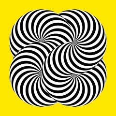 Infinity symbol of interlaced circles. Impossible shape on color background. Optical illusion with striped lines. Black white stripes of circle.