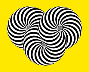Infinity symbol of interlaced circles. Impossible shape on color background. Optical illusion with striped lines. Black white stripes of circle.