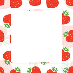 Cute cartoon strawberry in the shape of the heart pattern background with blank, empty space. Vector trendy food background, card template.