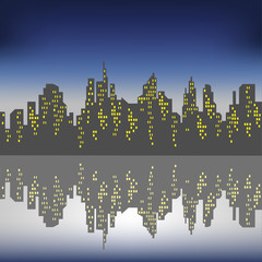 Silhouette of a big city against a background of a dark blue sky. The windows in the houses are lit. The city is reflected in the water. Beautiful landscape. Vector illustration