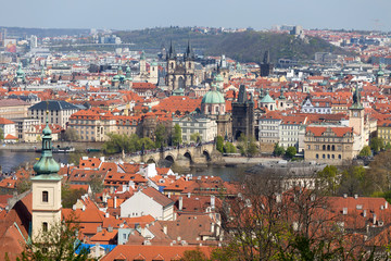 Obraz premium Spring Prague City with Charles Bridge and green Nature with flowering Trees, Czech Republic