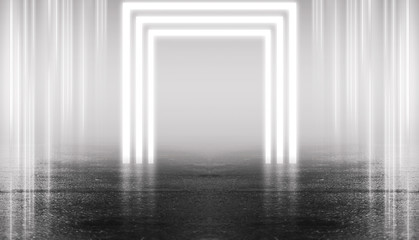 Empty background scene. Empty street background with concrete floor, neon lights and smoke. Gray abstract empty background