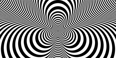 Abstract black and white striped background. Hypnotic trance texture. Op art monochrome abstraction. Psychedelic illusive illustration.