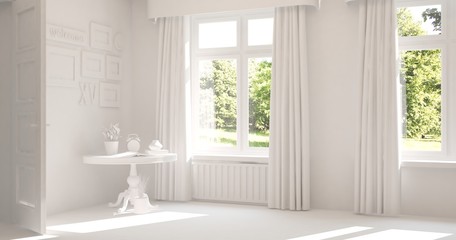 Stylish empty room in white color with summer landscape in window. Scandinavian interior design. 3D illustration