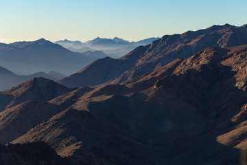 Naklejka premium Egypt. Mount Sinai in the morning at sunrise. (Mount Horeb, Gabal Musa, Moses Mount). Pilgrimage place and famous touristic destination.
