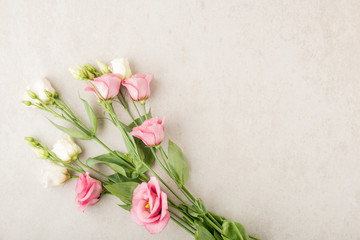 Creative natural composition of blooming pink and white flowers on beige stone background. Top view, flat lay and copy space. Minimal nature, spring or love concept