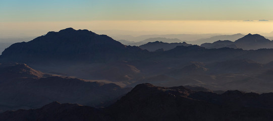 Egypt. Mount Sinai in the morning at sunrise. (Mount Horeb, Gabal Musa, Moses Mount). Pilgrimage place and famous touristic destination.