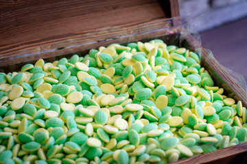Background and texture of sweet delicious jelly candies and marmalade. Bright multi-colored color.