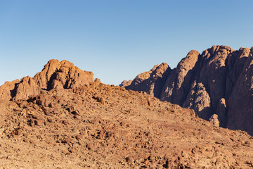 Fototapeta na wymiar Egypt. Mount Sinai in the morning at sunrise. (Mount Horeb, Gabal Musa, Moses Mount). Pilgrimage place and famous touristic destination.