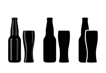 Variants of silhouettes of beer bottles and glasses. Vector illustration.