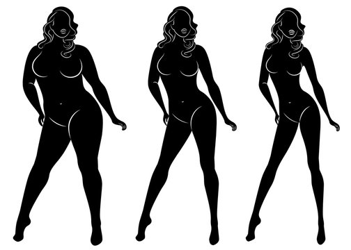 Collection. Silhouette Of A Beautiful Woman Figure. The Girl Is Thin, The Woman Is Overweight. The Lady Is Standing, She Is Slim And Sexy. Set Of Vector Illustrations