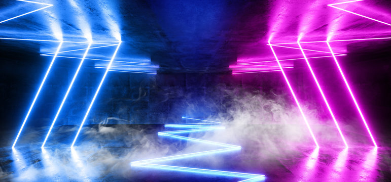 Smoke Fog Abstract Neon Light Retro Modern Futuristic Sci Fi Alien Space Ship Club Stage Glowing Purple Blue Fluorescent Laser Lights In Grunge Concrete Underground Hallway Entrance 3D Rendering © IM_VISUALS